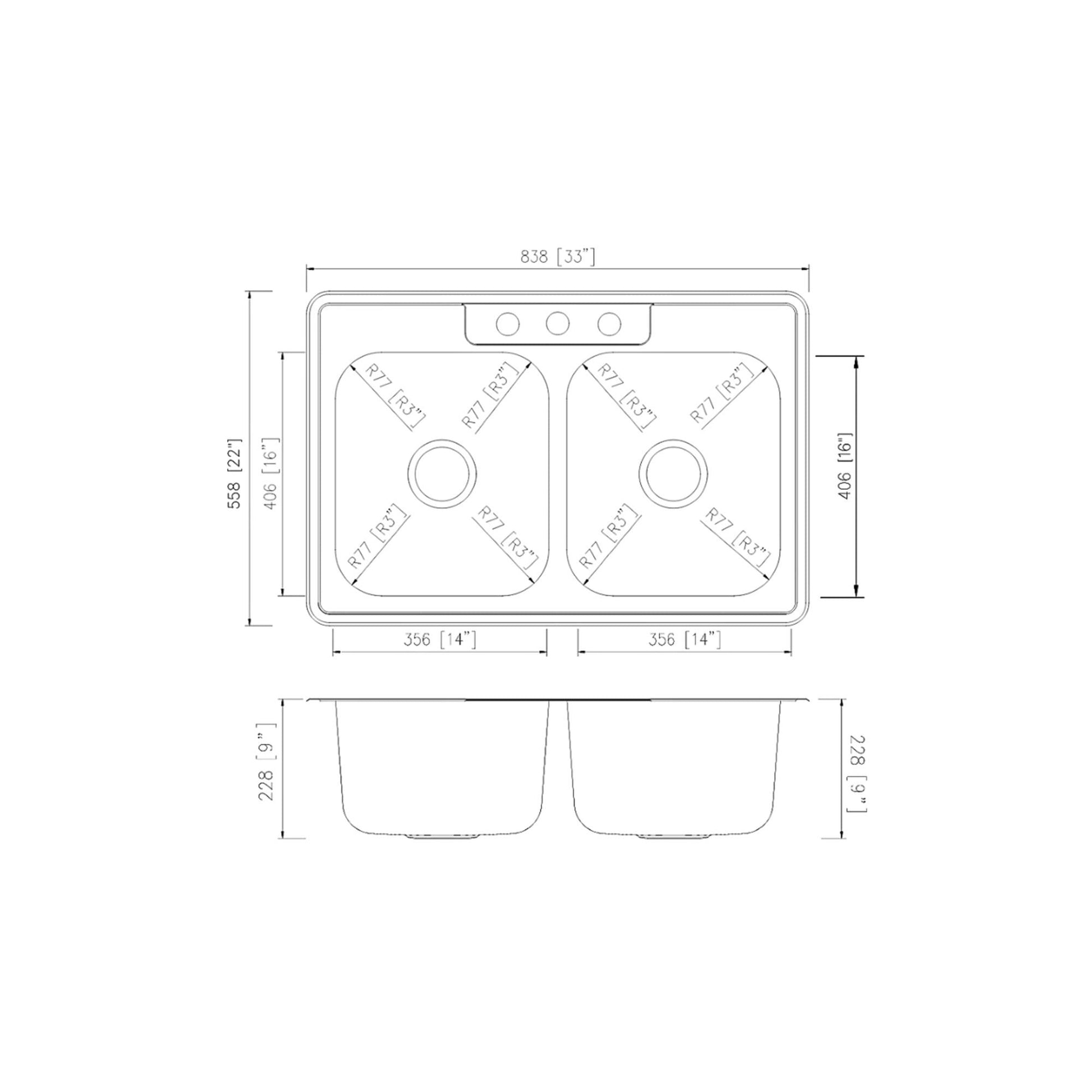 Pelican International Signature Series 33" x 22" Stainless Steel Double Bowl Three Faucet Holes, Top Mount Kitchen Sink