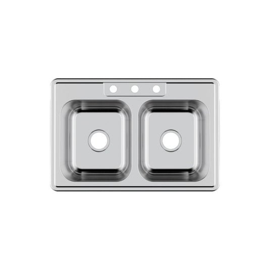 Pelican International Signature Series 33" x 22" Stainless Steel Double Bowl Three Faucet Holes, Top Mount Kitchen Sink