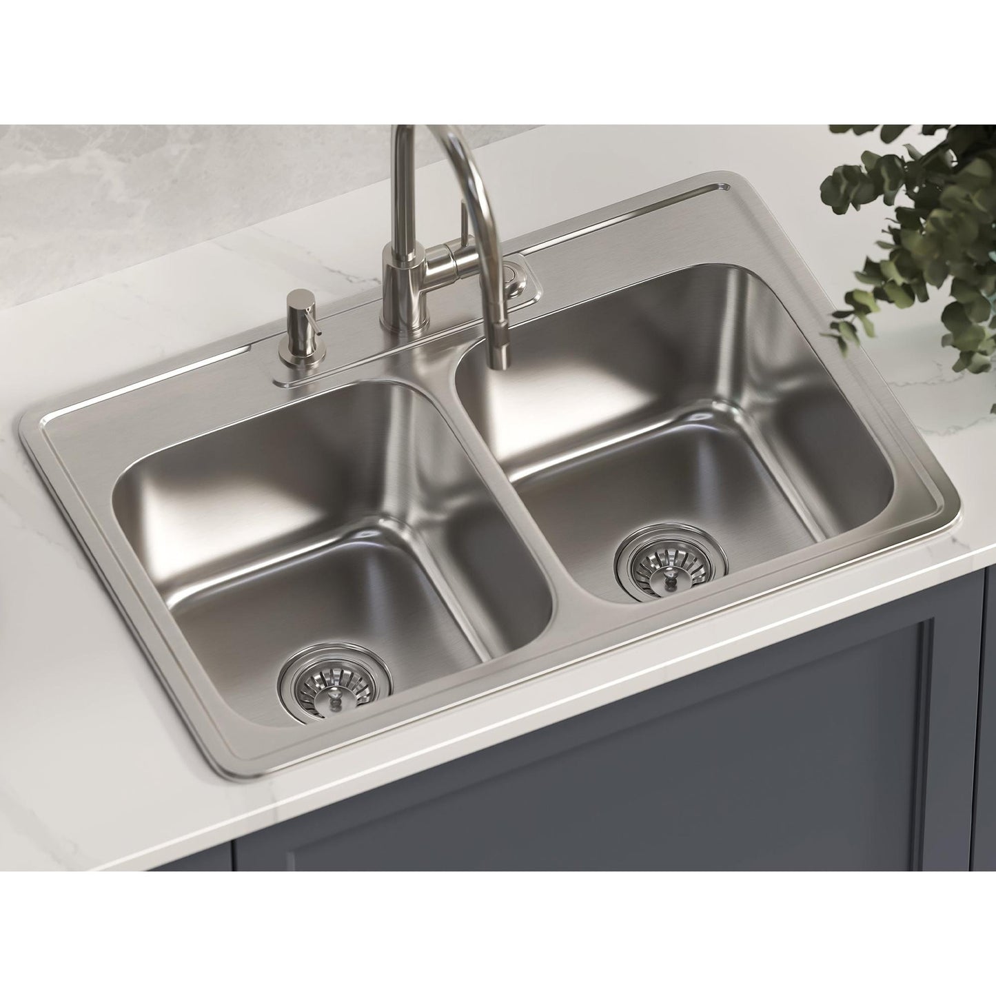 Pelican International Signature Series 33" x 22" Stainless Steel Double Bowl Top Mount Kitchen Sink With 3 Faucet Holes