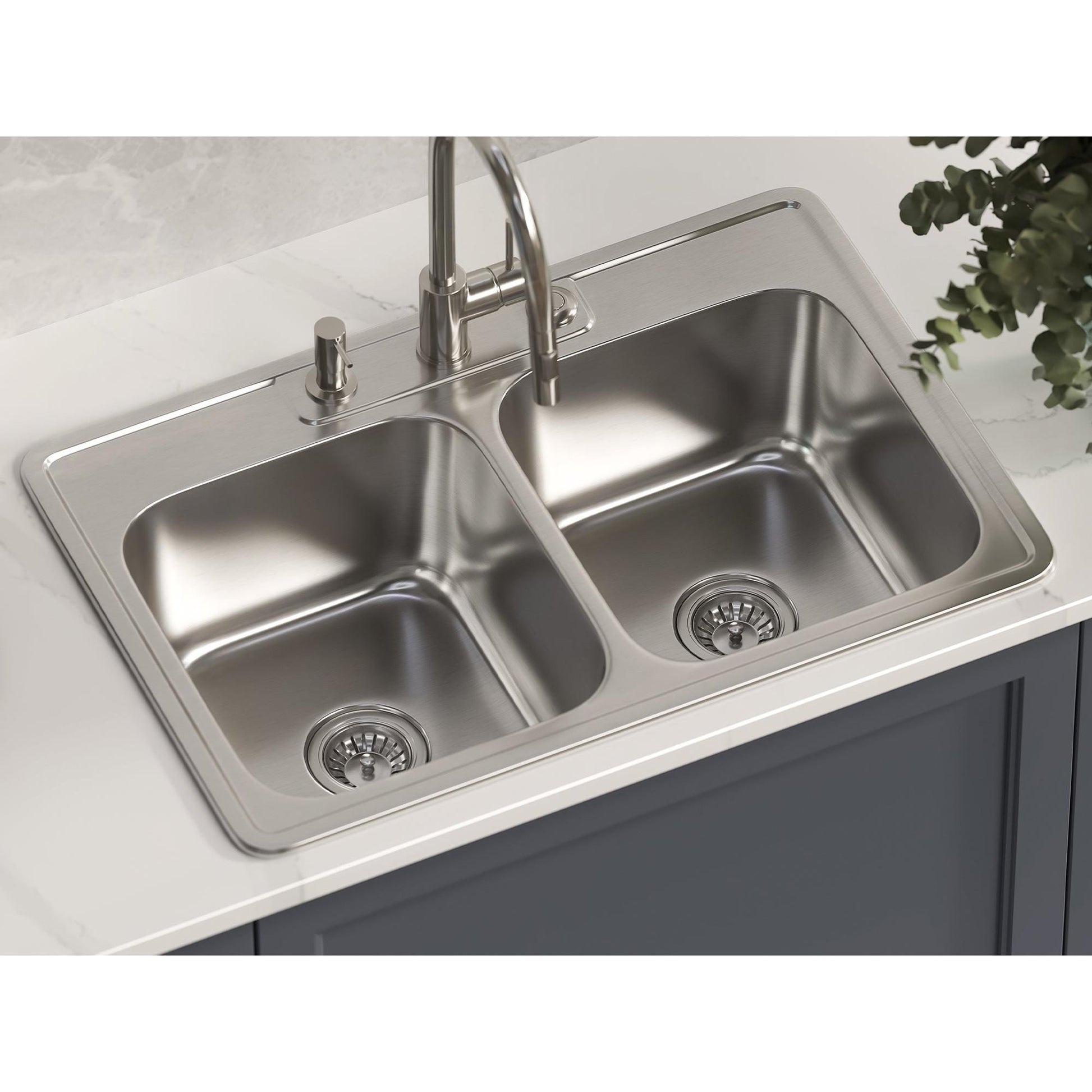 Pelican International Signature Series 33" x 22" Stainless Steel Double Bowl Top Mount Kitchen Sink With Three Faucet Holes