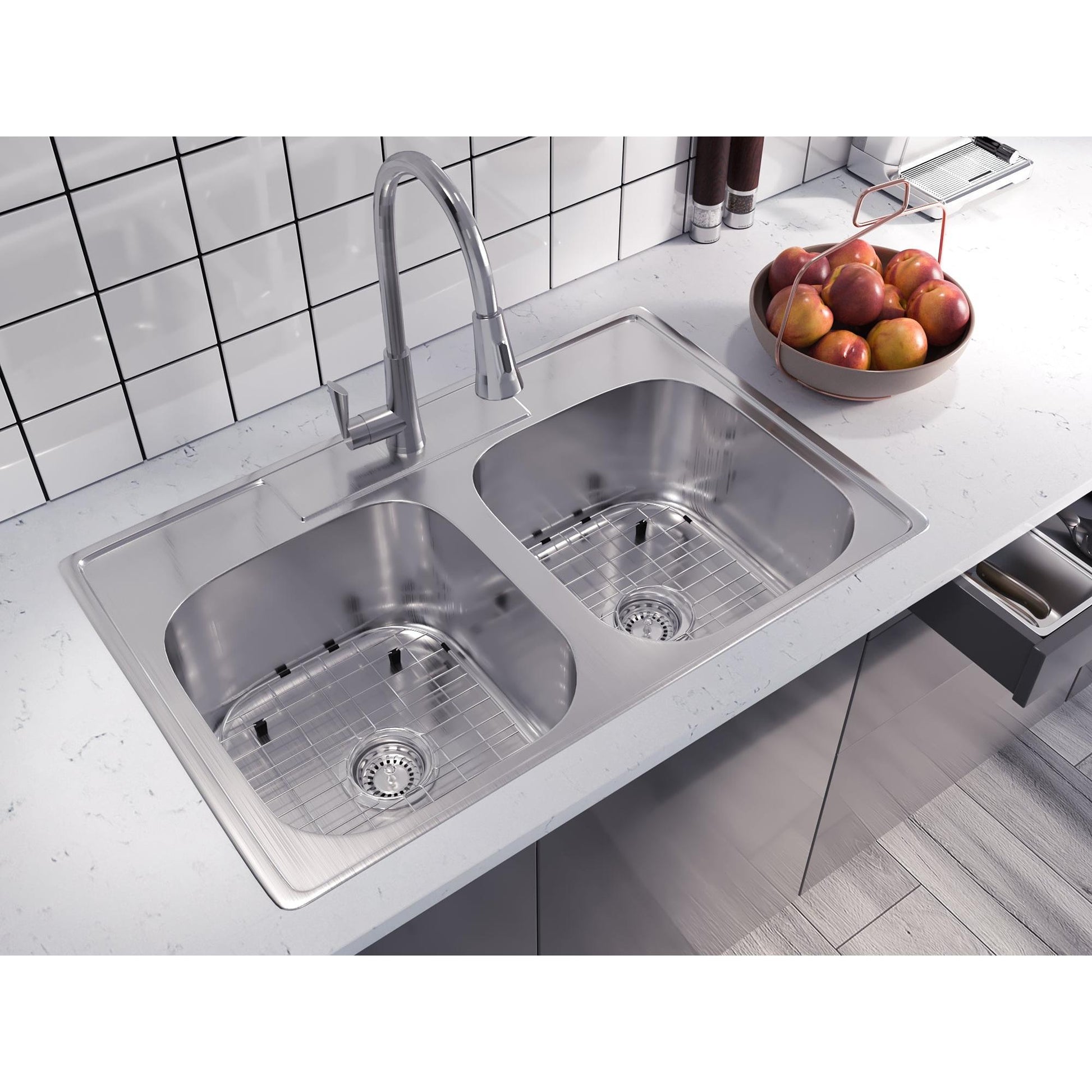 Pelican International Signature Series 33" x 22" Stainless Steel Double Bowl Top Mount Kitchen Sink With Three Faucet Holes