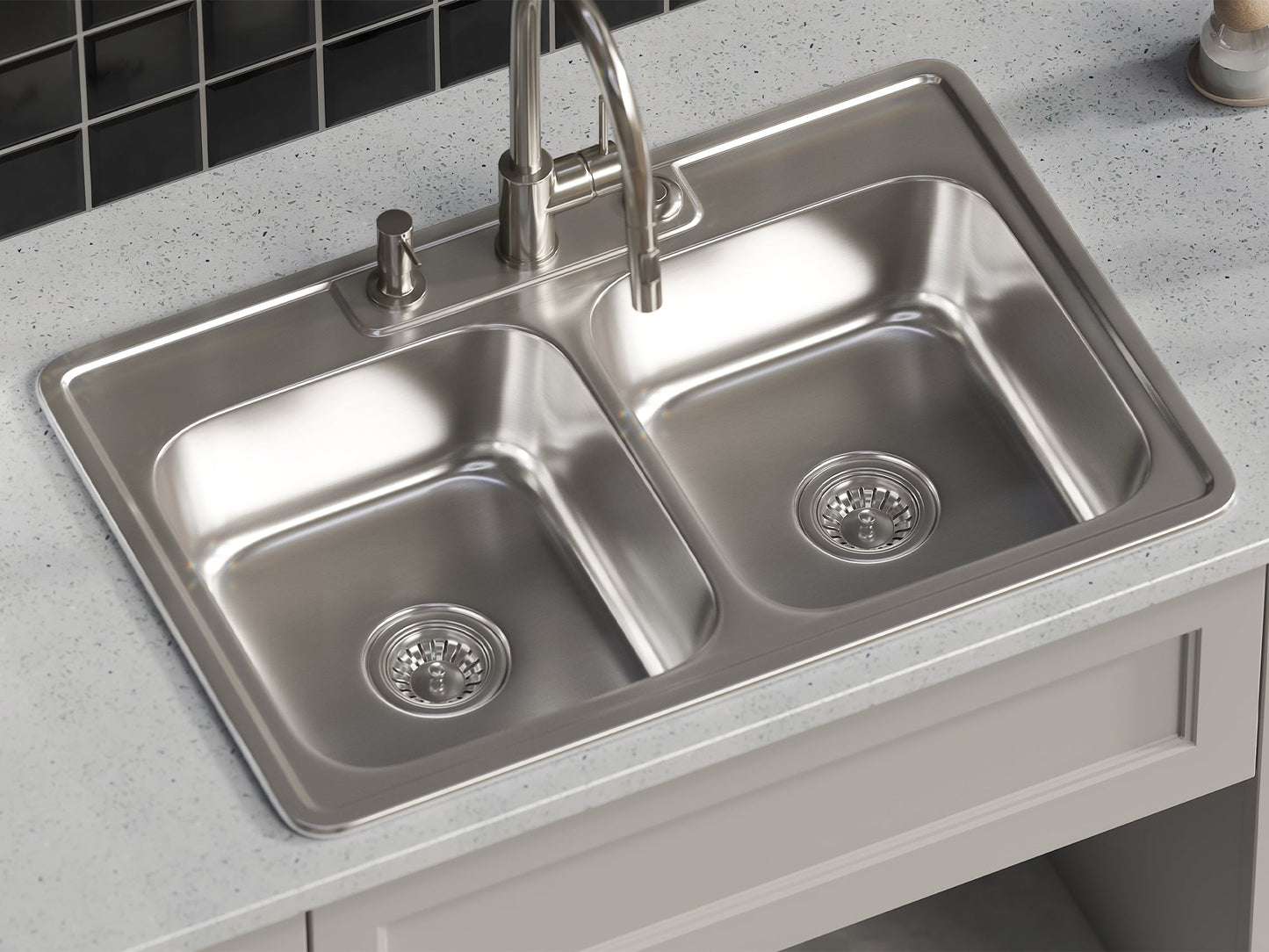 Pelican International Signature Series 33" x 22" Stainless Steel Double Bowl Top Mount Kitchen Sink With Three Faucet Holes (ADA Compliant)