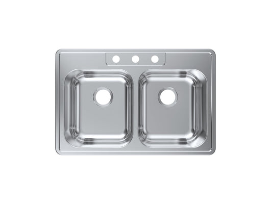 Pelican International Signature Series 33" x 22" Stainless Steel Double Bowl Top Mount Kitchen Sink With Three Faucet Holes (ADA Compliant)
