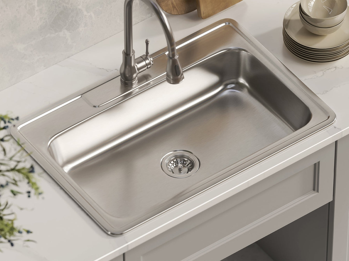 Pelican International Signature Series 33" x 22" Stainless Steel Single Bowl One Faucet Hole, Top Mount Kitchen Sink (ADA Compliant)
