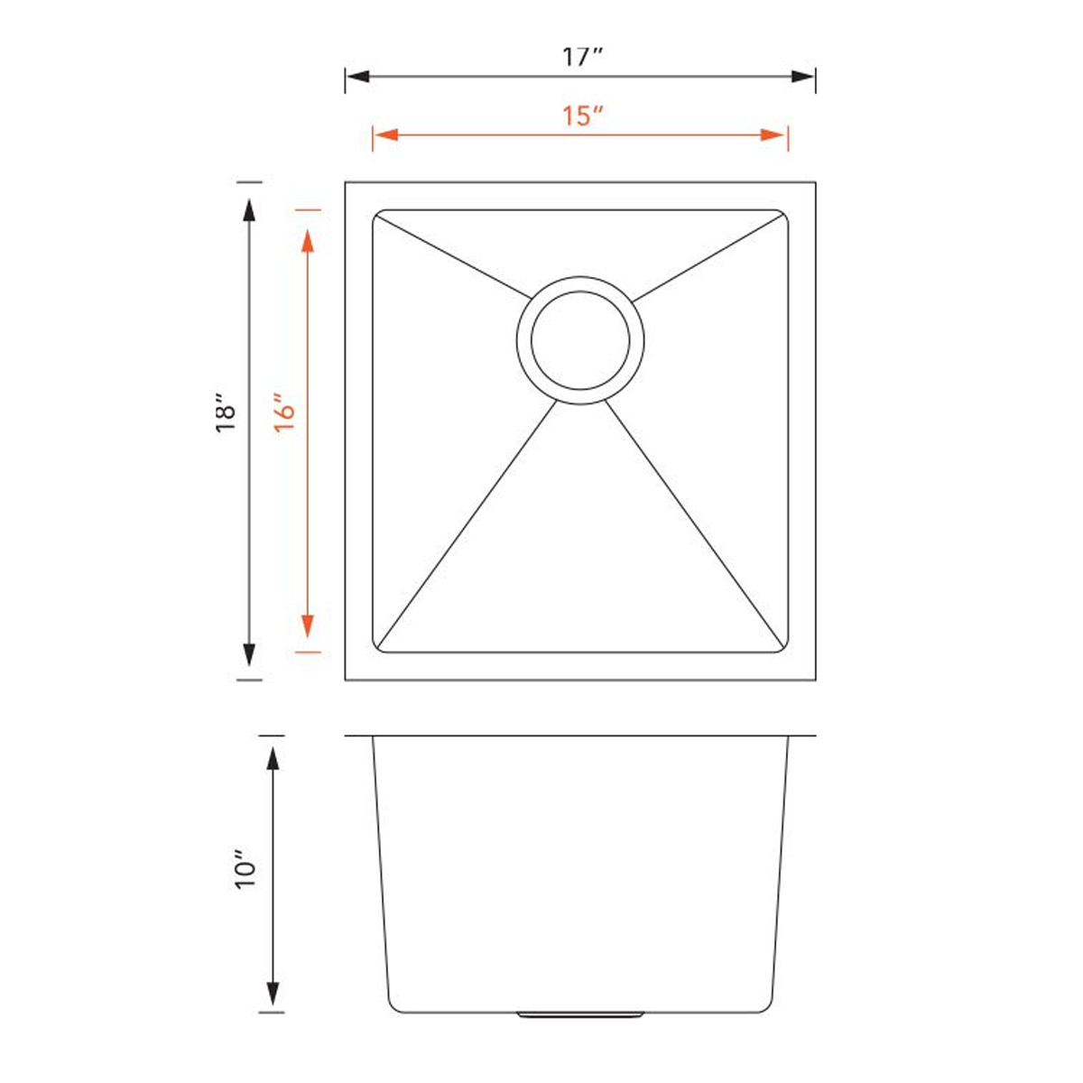 Pelican Int'l Handmade Series PL-HA104 16 Gauge Stainless Steel Undermount Kitchen Sink 17" x 18" with Micro Radius Corners