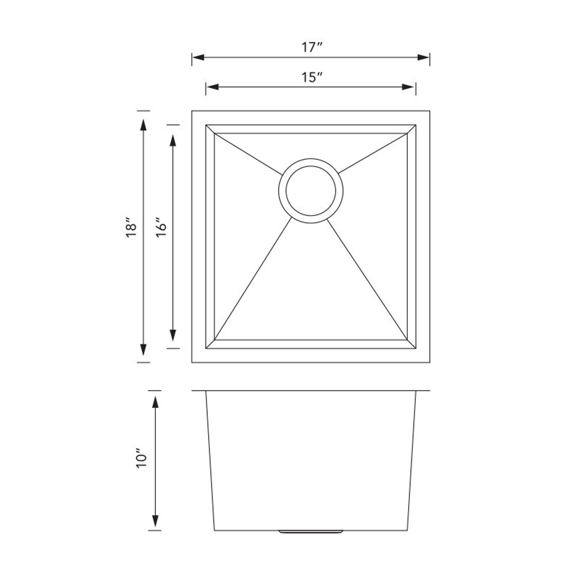 Pelican Int'l Handmade Series PL-HA104 16 Gauge Stainless Steel Undermount Kitchen Sink 17" x 18" with Zero Radius Corners