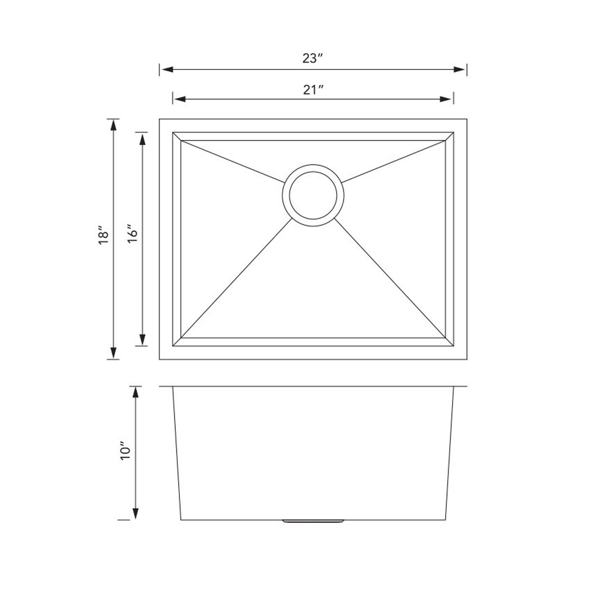 Pelican Int'l Handmade Series PL-HA108 16 Gauge Stainless Steel Undermount Kitchen Sink 23" x 18" with Zero Radius Corners