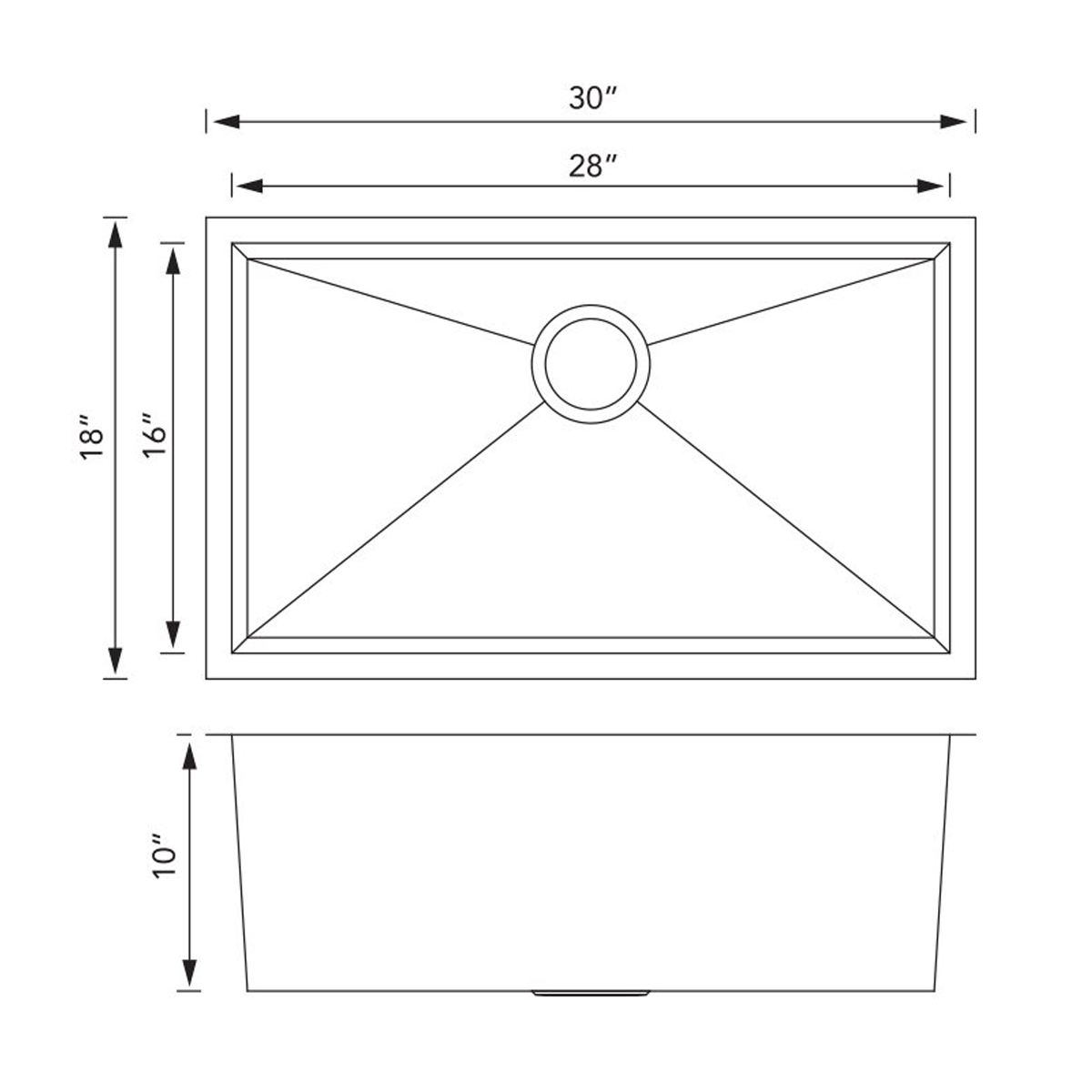 Pelican Int'l Handmade Series PL-HA109 R0 16 Gauge Stainless Steel Undermount Kitchen Sink 30" x 18" with Zero Radius Corners