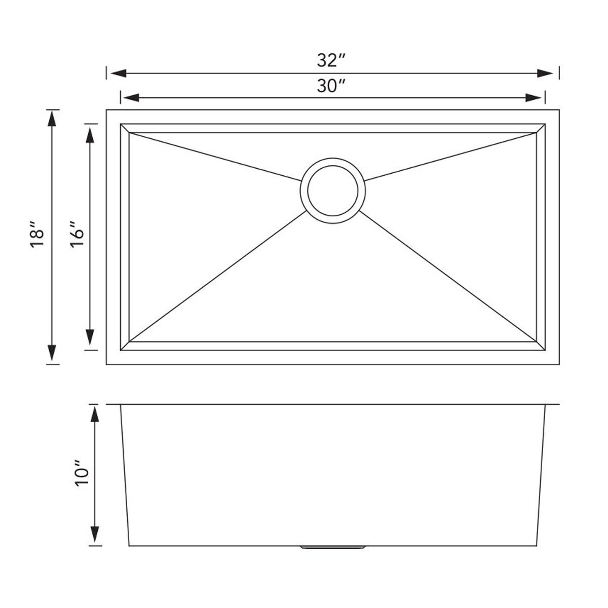 Pelican Int'l Handmade Series PL-HA115 R0 16 Gauge Stainless Steel Undermount Kitchen Sink 32" x 18" with Zero Radius Corners