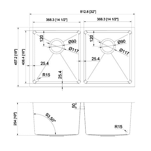 Pelican Int'l Handmade Series PL-HA117 R0 16 Gauge Stainless Steel Undermount Kitchen Sink 32" x 18" with Micro Radius Corners