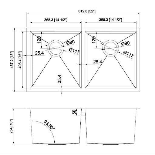 Pelican Int'l Handmade Series PL-HA117 R0 16 Gauge Stainless Steel Undermount Kitchen Sink 32" x 18" with Zero Radius Corners