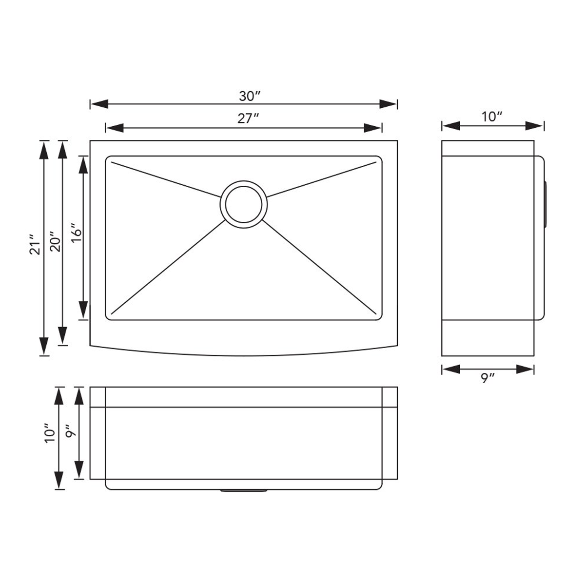 Pelican Int'l Handmade Series PL-HA118 R15 16 Gauge Stainless Steel Farmhouse Kitchen Sink 30" x 21" with Micro Radius Corners