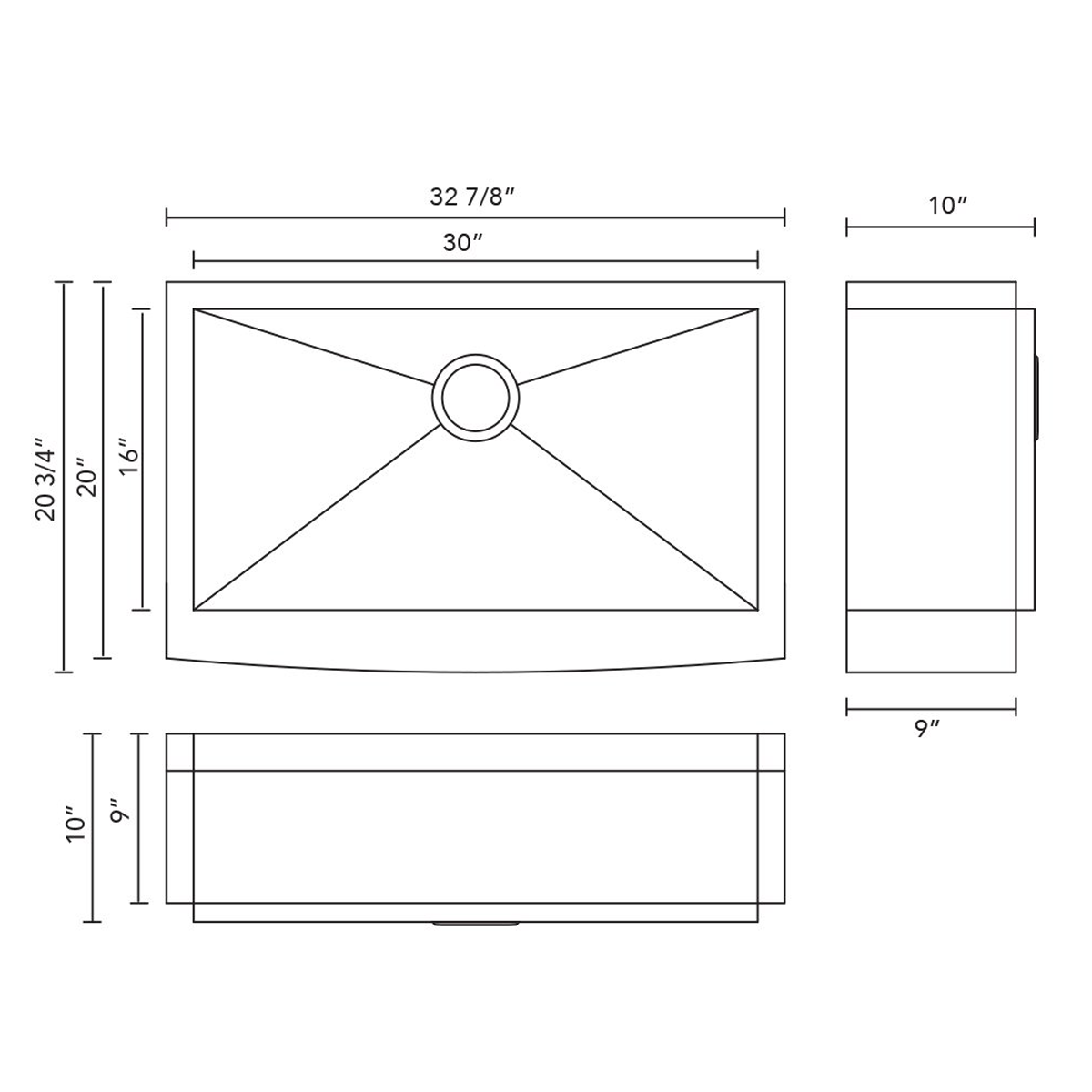 Pelican Int'l Handmade Series PL-HA122 R0 16 Gauge Stainless Steel Farmhouse Kitchen Sink 32 7/8" x 20 3/4" with Zero Radius Corners