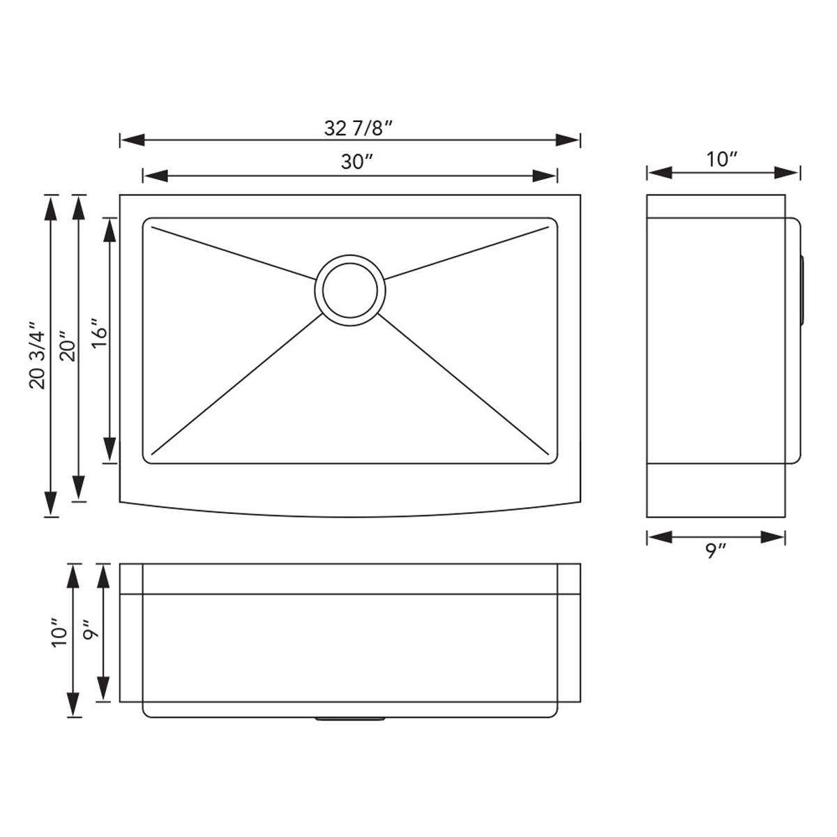 Pelican Int'l Handmade Series PL-HA122 R15 16 Gauge Stainless Steel Farmhouse Kitchen Sink 32 7/8" x 20 3/4" with Micro Radius Corners