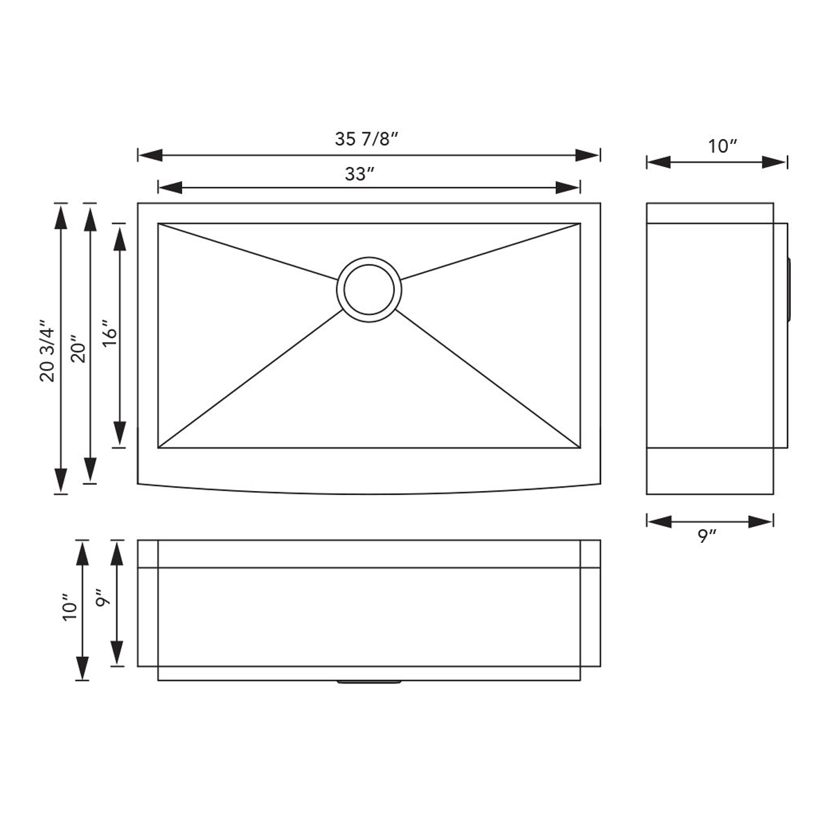 Pelican Int'l Handmade Series PL-HA124 R0 16 Gauge Stainless Steel Farmhouse Kitchen Sink 35 7/8" x 20 3/4" with Zero Radius Corners