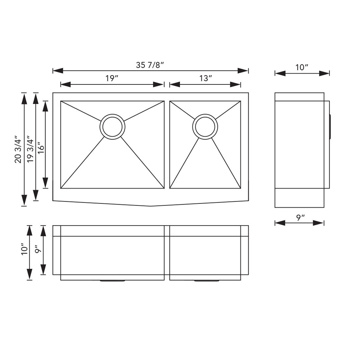 Pelican Int'l Handmade Series PL-HA125 R0 16 Gauge Stainless Steel Farmhouse Kitchen Sink 35 7/8" x 20 3/4" with Zero Radius Corners