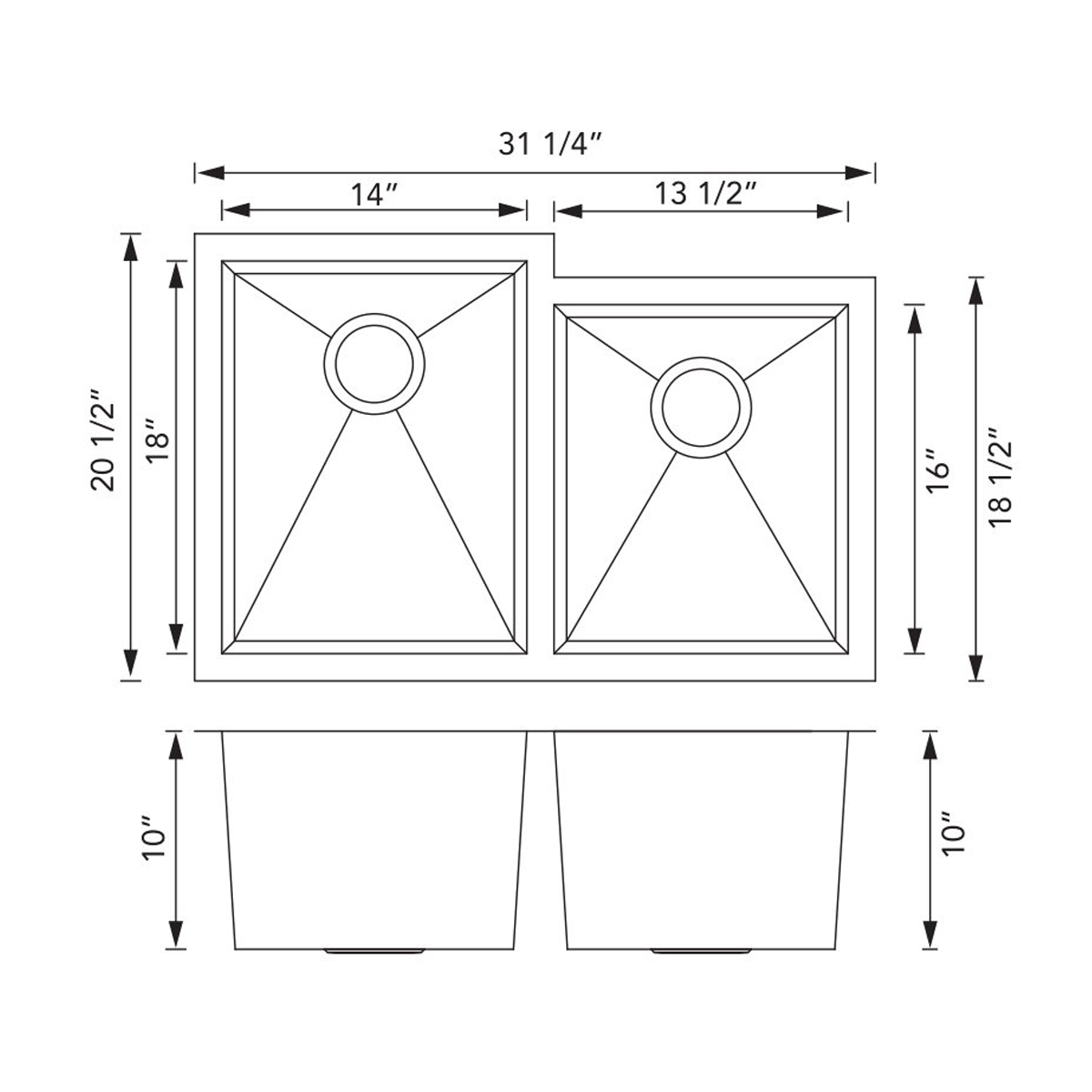 Pelican Int'l Handmade Series PL-HA126 R0 16 Gauge Stainless Steel Undermount Kitchen Sink 31 1/4" x 20 1/2" with Zero Radius Corners