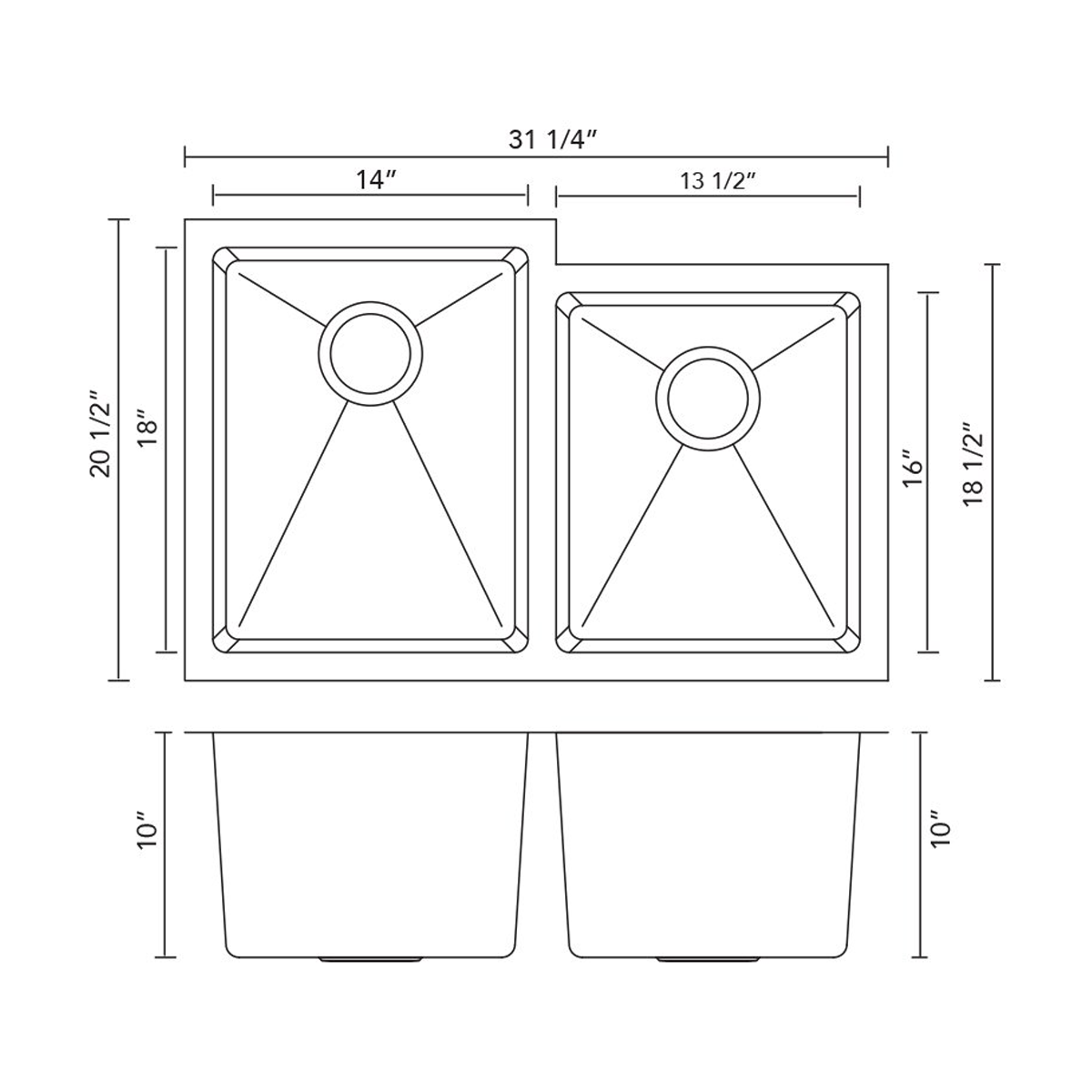 Pelican Int'l Handmade Series PL-HA126 R15 16 Gauge Stainless Steel Undermount Kitchen Sink 31 1/4" x 20 1/2" with Micro Radius Corners