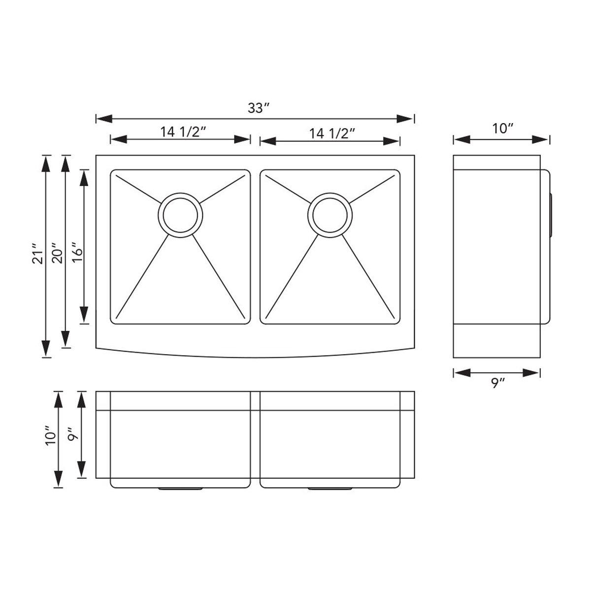 Pelican Int'l Handmade Series PL-HA128 R15 16 Gauge Stainless Steel Farmhouse Kitchen Sink 33" x 21" with Micro Radius Corners