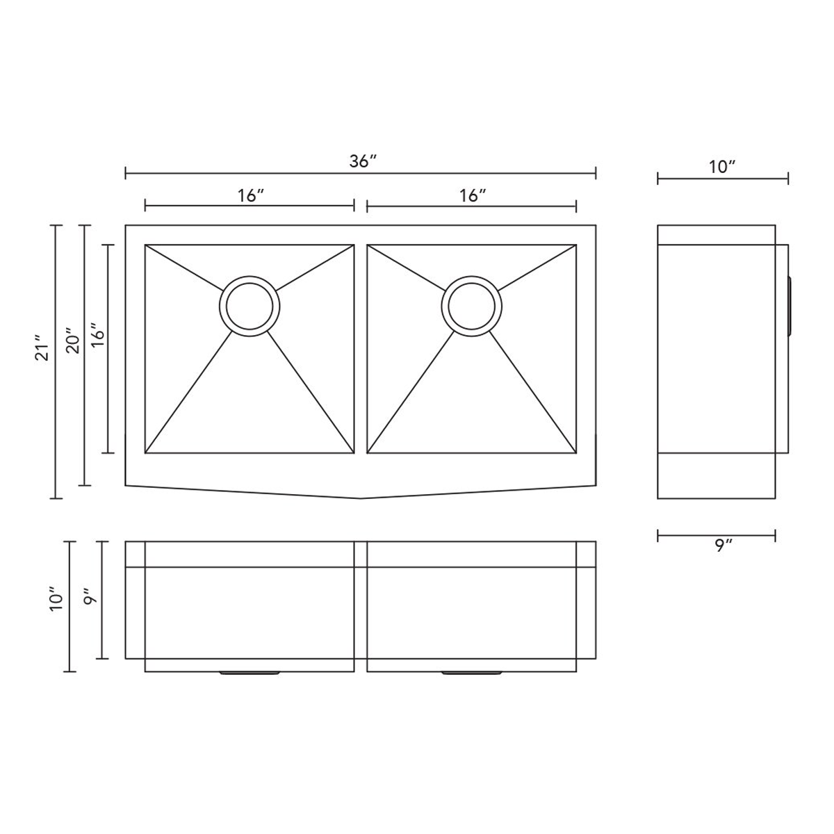 Pelican Int'l Handmade Series PL-HA130 R0 16 Gauge Stainless Steel Farmhouse Kitchen Sink 36" x 21" with Zero Radius Corners