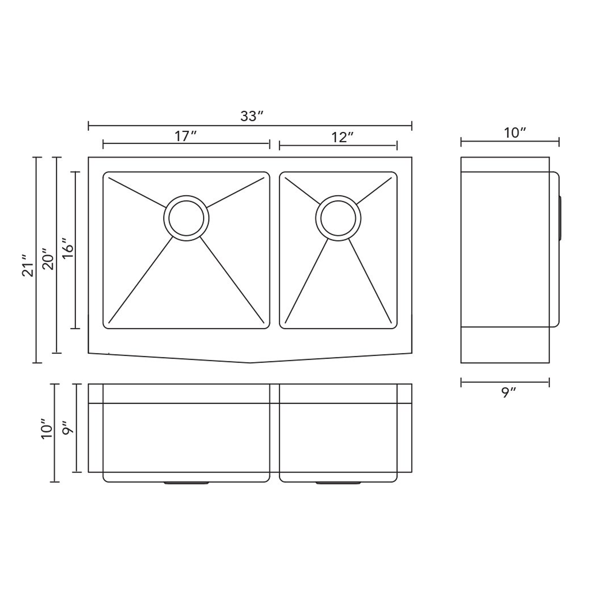 Pelican Int'l Handmade Series PL-HA136 R15 16 Gauge Stainless Steel Farmhouse Kitchen Sink 33" x 21" with Micro Radius Corners