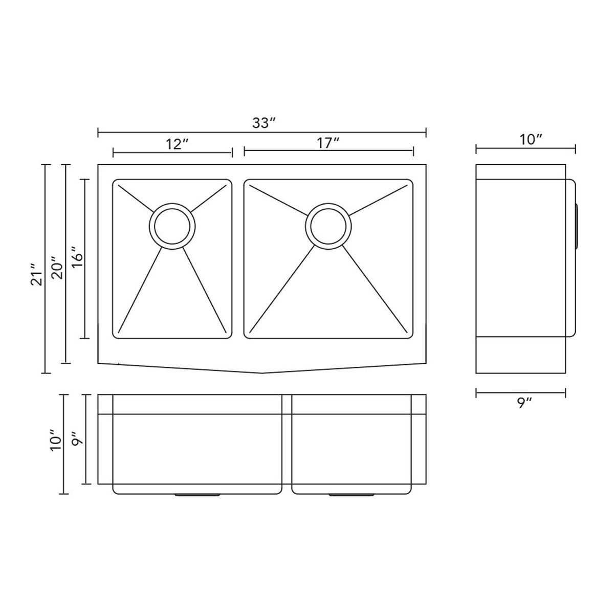 Pelican Int'l Handmade Series PL-HA139 R15 16 Gauge Stainless Steel Farmhouse Kitchen Sink 33" x 21" with Micro Radius Corners