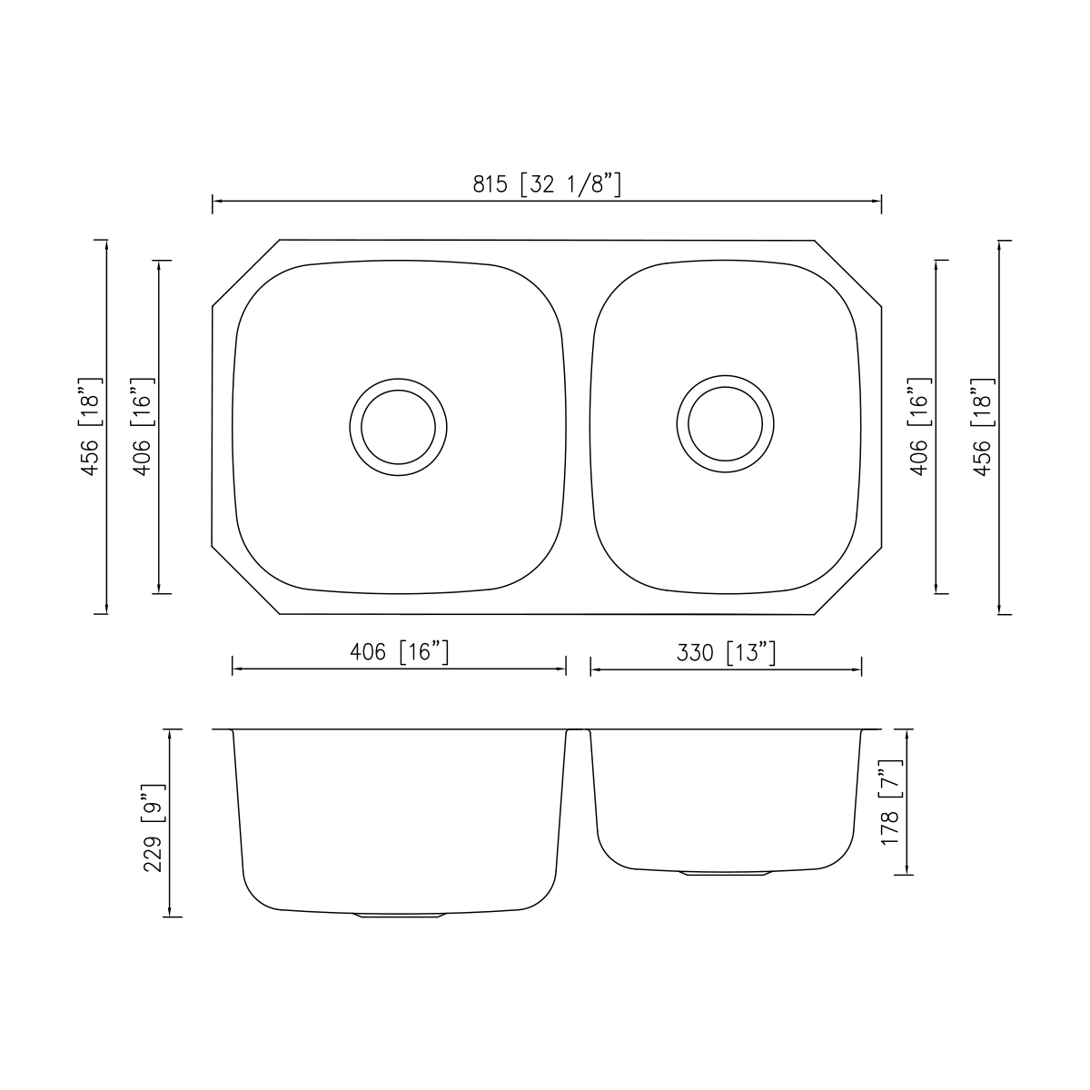 Pelican Int'l Signature Series PL-VP6040 16 Gauge Stainless Steel Double Bowl Undermount Kitchen Sink 32 1/8" x 18"