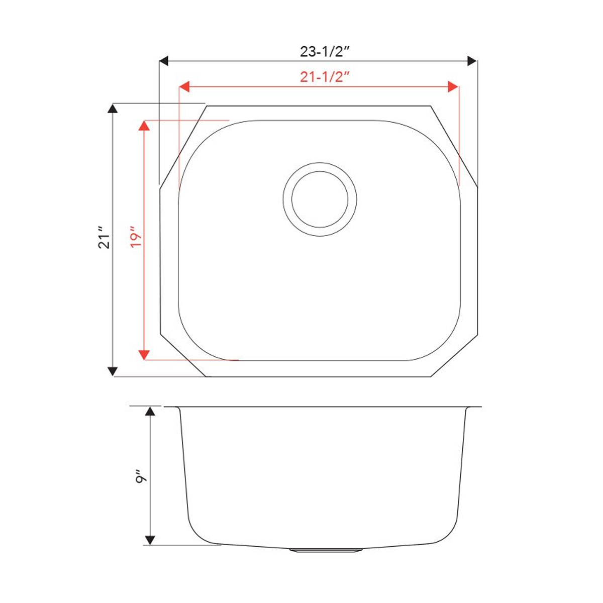 Pelican Int'l Signature Series PL-VS2321 18 Gauge Stainless Steel Single Bowl Undermount Kitchen Sink 23 1/2" x 21"