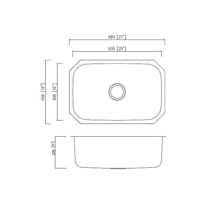 Pelican Int'l Signature Series PL-VS2718 18 Gauge Stainless Steel Single Bowl Undermount Kitchen Sink 27" x 17 3/4"