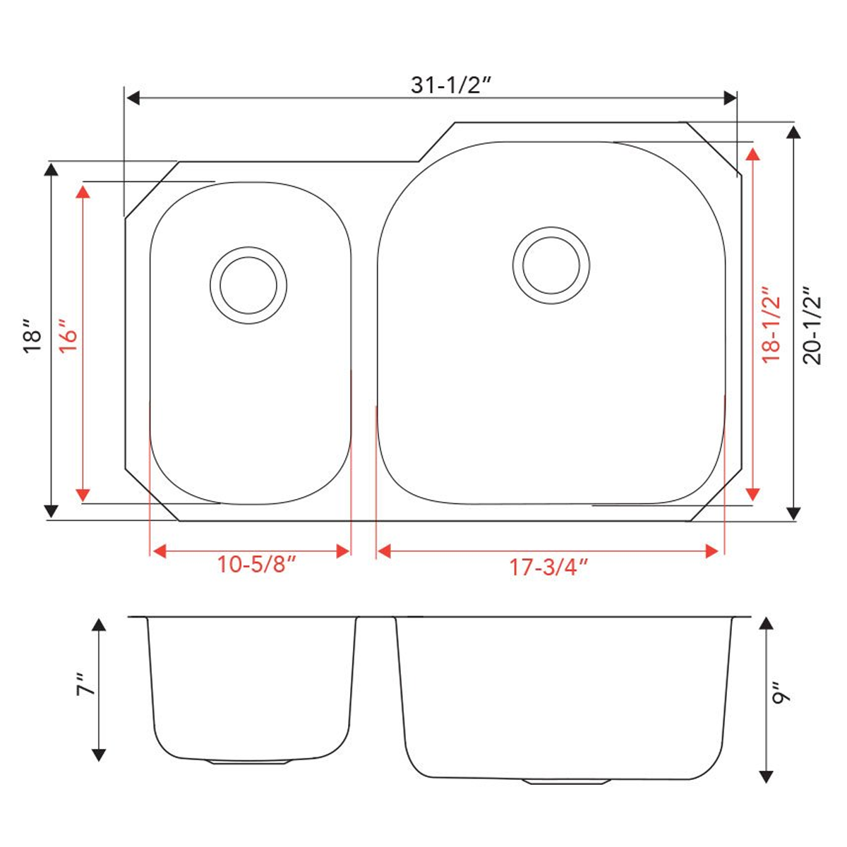 Pelican Int'l Signature Series PL-VS3070 16 Gauge Stainless Steel Double Bowl Undermount Kitchen Sink 31 1/2" x 20 1/2"