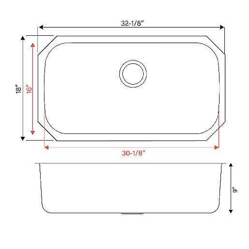Pelican Int'l Signature Series PL-VS3218 16 Gauge Stainless Steel Single Bowl Undermount Kitchen Sink 32 1/8" x 18"