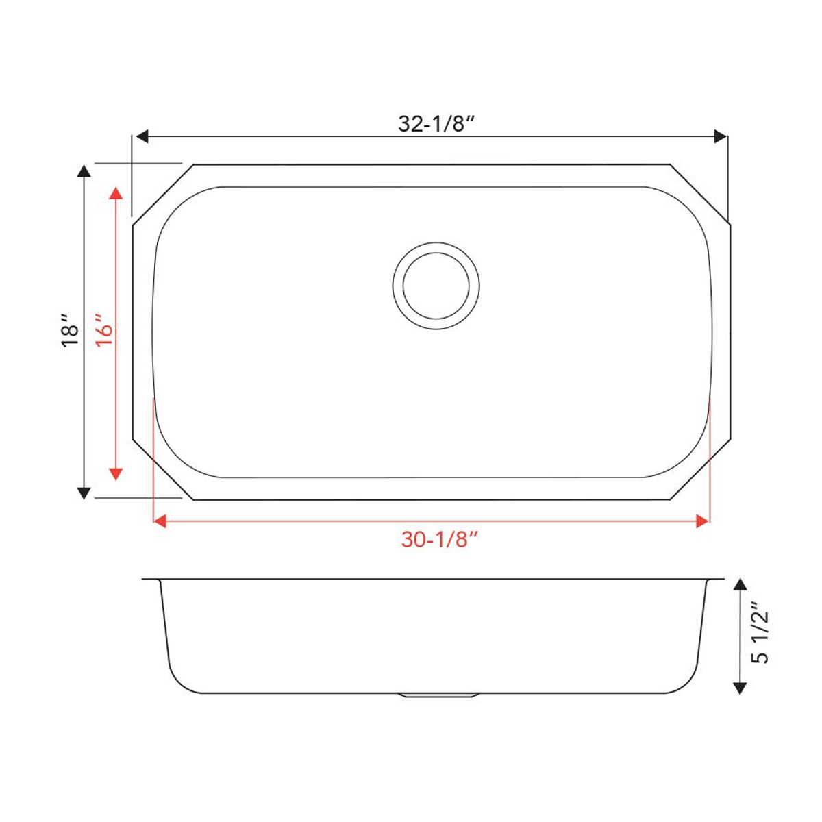 Pelican Int'l Signature Series PL-VS3218 ADA Compliant 18 Gauge Stainless Steel Single Bowl Undermount Kitchen Sink 32 1/8" x 18"