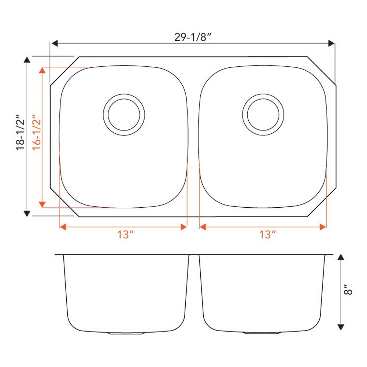 Pelican Int'l Signature Series PL-VS4040 18 Gauge Stainless Steel Double Bowl Undermount Kitchen Sink 29 1/8" x 18 1/2"