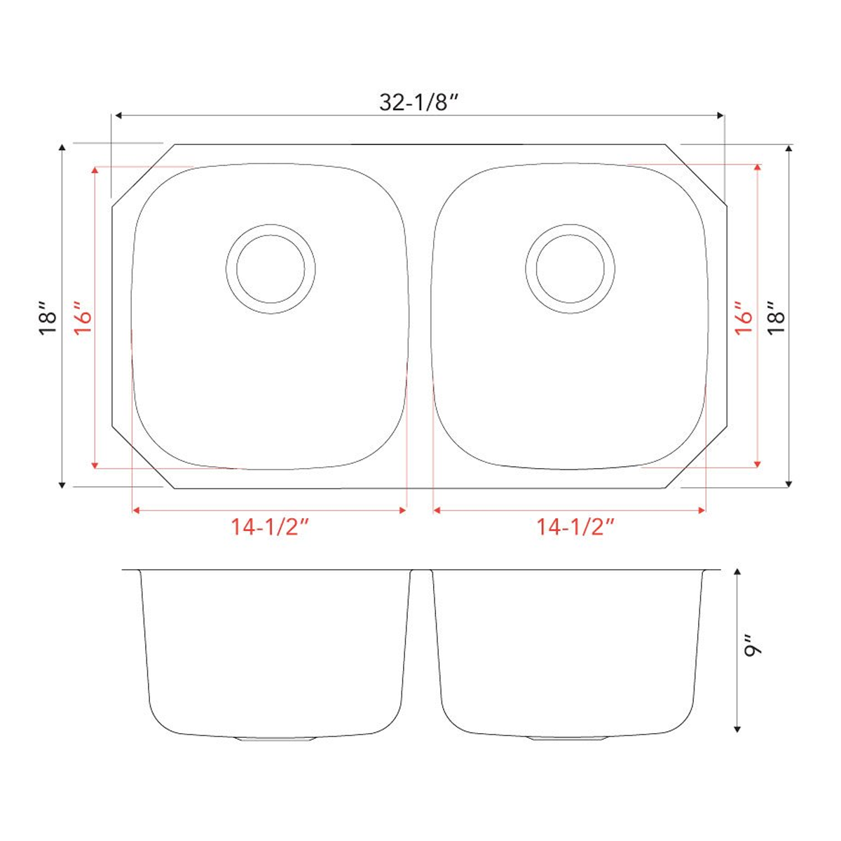 Pelican Int'l Signature Series PL-VS5050 16 Gauge Stainless Steel Double Bowl Undermount Kitchen Sink 32 1/8" x 18"