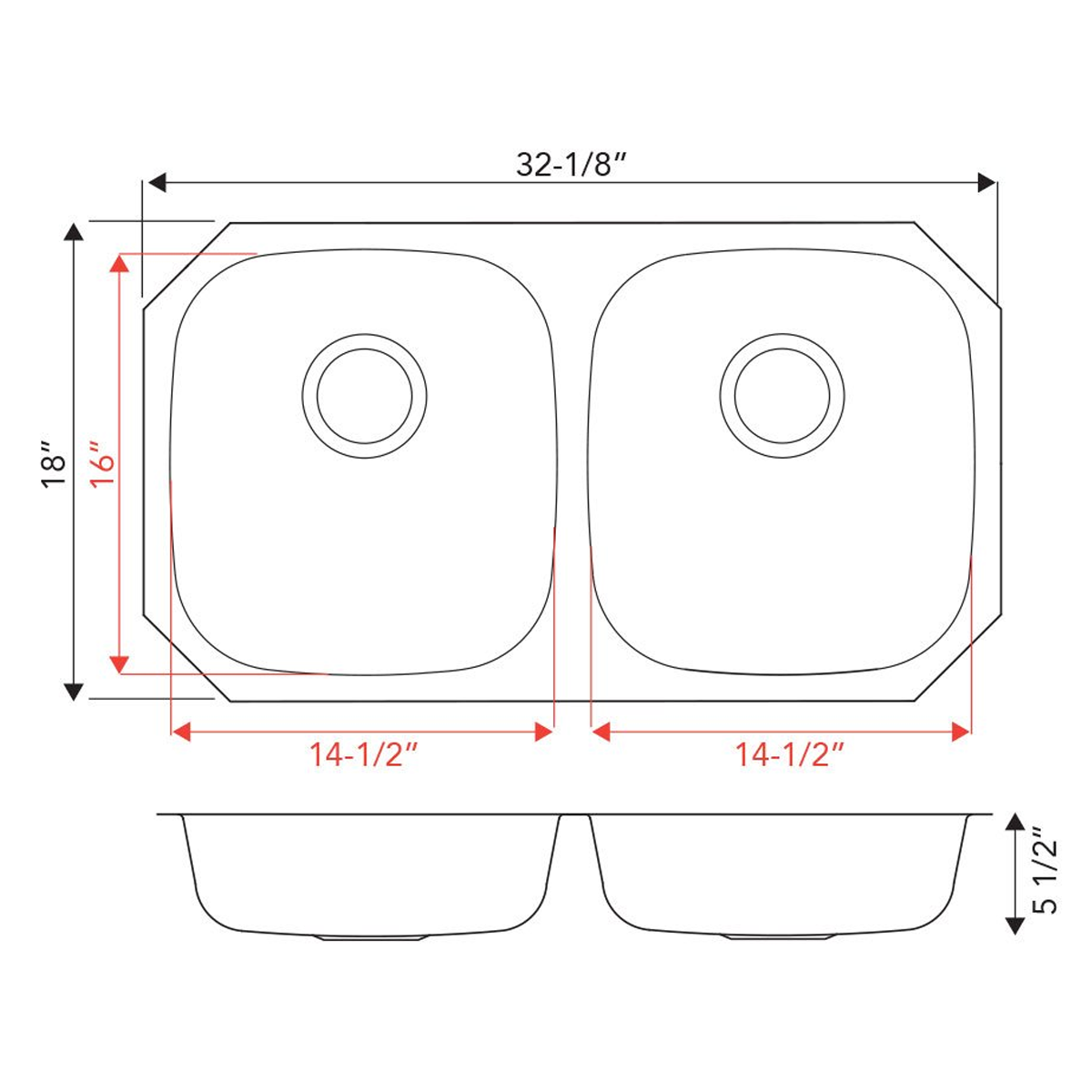 Pelican Int'l Signature Series PL-VS5050 ADA Compliant 18 Gauge Stainless Steel Double Bowl Undermount Kitchen Sink 32 1/8" x 18"