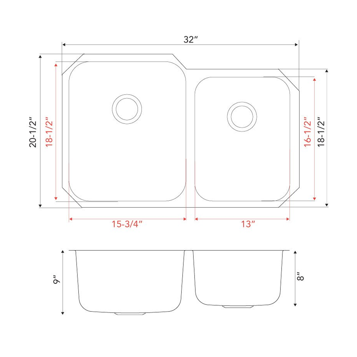 Pelican Int'l Signature Series PL-VS6040 18 Gauge Stainless Steel Double Bowl Undermount Kitchen Sink 32" x 20 1/2"