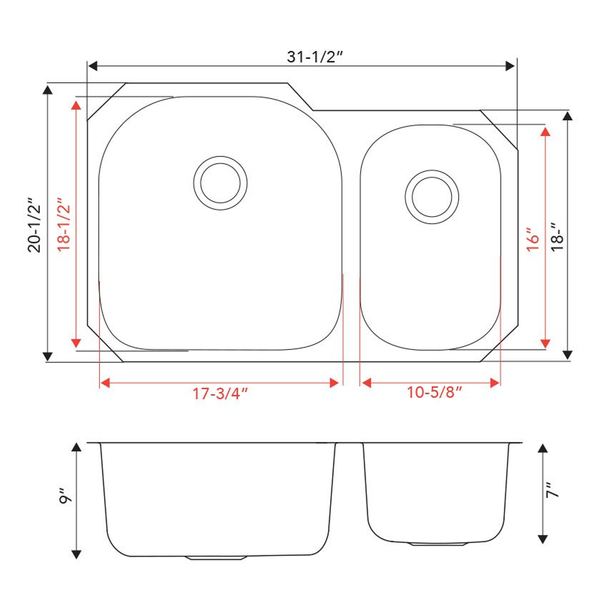 Pelican Int'l Signature Series PL-VS7030 16 Gauge Stainless Steel Double Bowl Undermount Kitchen Sink 31 1/2" x 20 1/2"