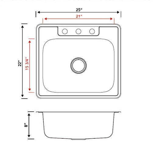 Pelican Int'l Signature Series PL-VT2522 18 Gauge Stainless Steel Single Bowl Topmount Kitchen Sink 25" x 22" with 3 Holes