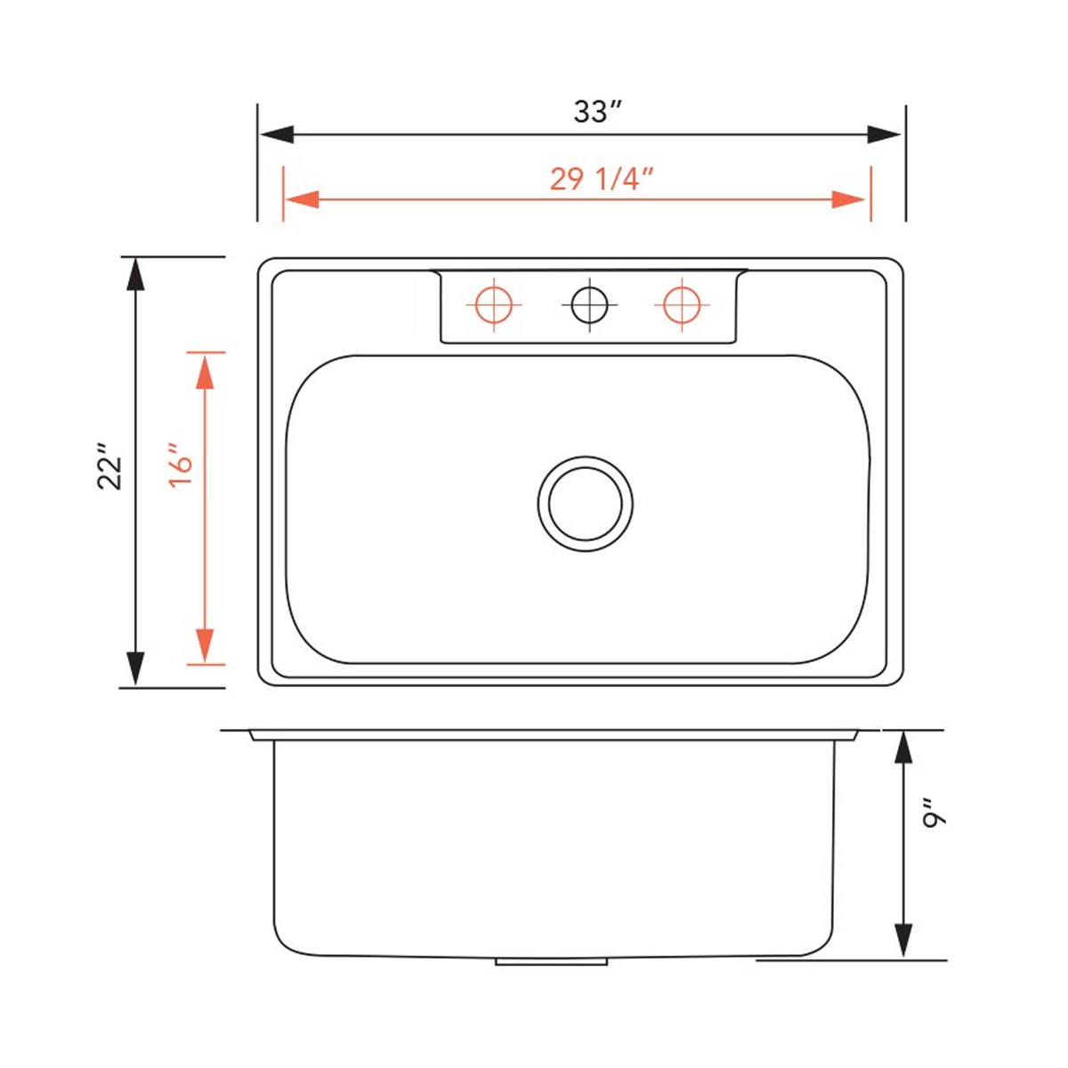 Pelican Int'l Signature Series PL-VT3322 18 Gauge Stainless Steel Single Bowl Topmount Kitchen Sink 33" x 22" with 3 Holes