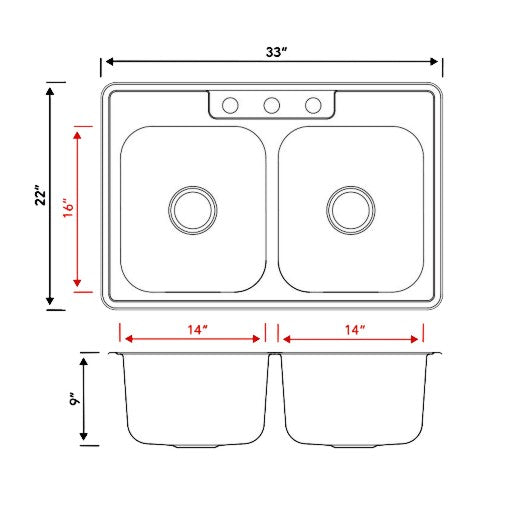 Pelican Int'l Signature Series PL-VT5050 18 Gauge Stainless Steel Double Bowl Topmount Kitchen Sink 33" x 22" with 3 Holes