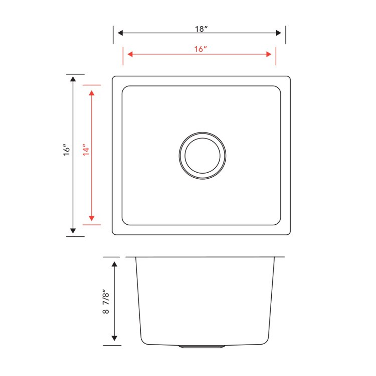 Pelican Int'l Urban Series PL-VR1816 R20 18 Gauge Stainless Steel Undermount Kitchen Sink 18" x 16" with Low Radius Corners