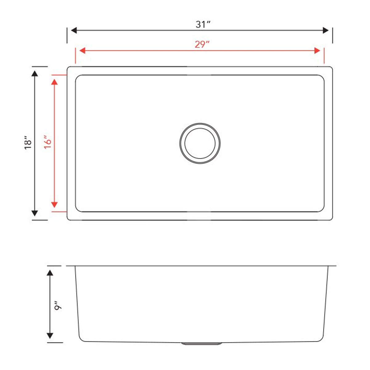 Pelican Int'l Urban Series PL-VR3118 R20 18 Gauge Stainless Steel Undermount Kitchen Sink 31" x 18" with Low Radius Corners