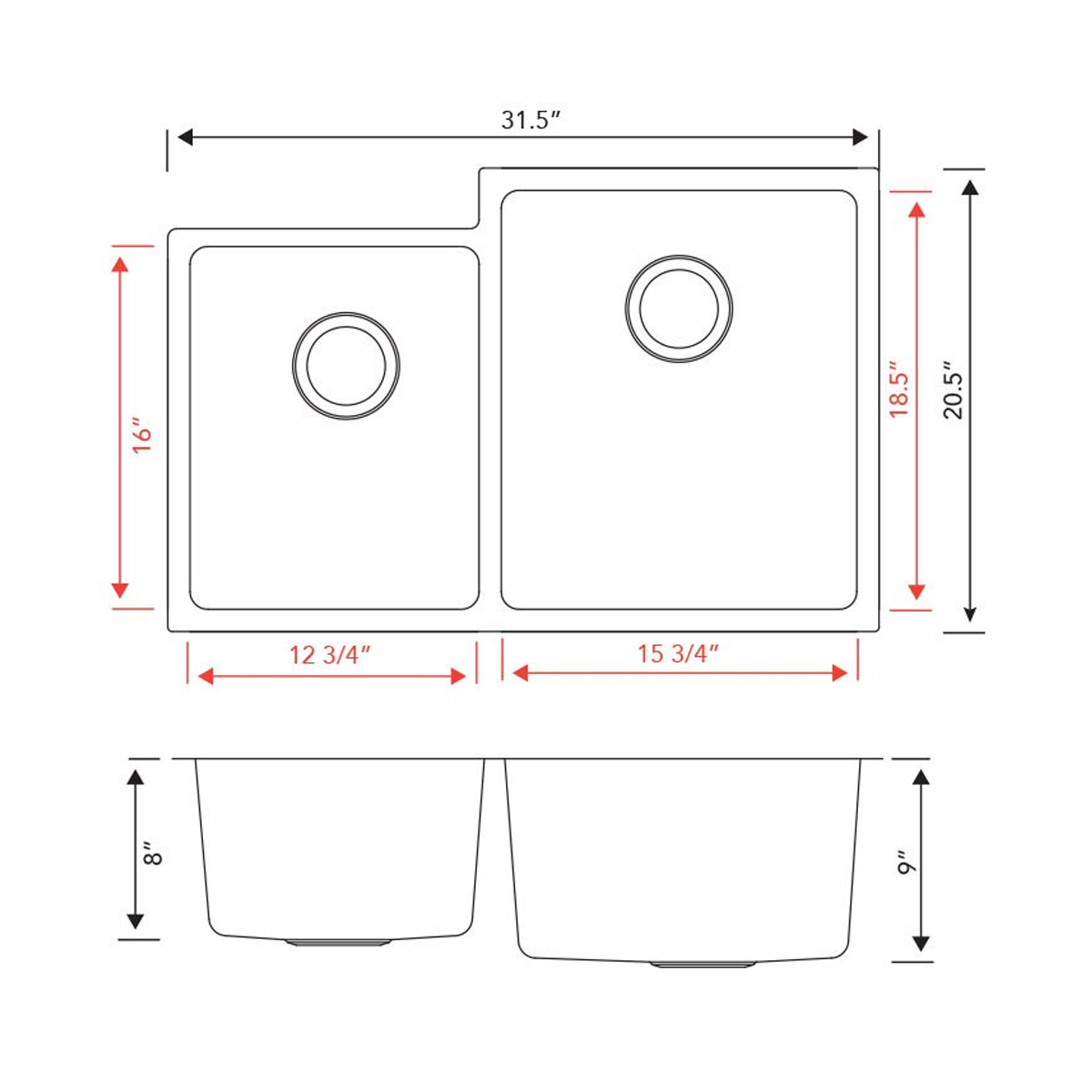 Pelican Int'l Urban Series PL-VR4060 R20 18 Gauge Stainless Steel Undermount Kitchen Sink 31 1/2" x 20 1/2" with Low Radius Corners