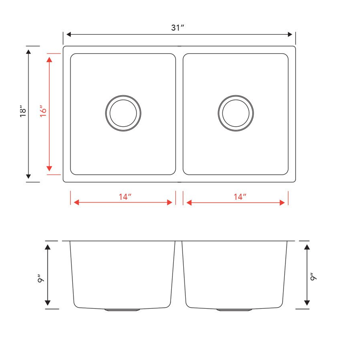 Pelican Int'l Urban Series PL-VR5050 R20 18 Gauge Stainless Steel Undermount Kitchen Sink 31" x 18" with Low Radius Corners