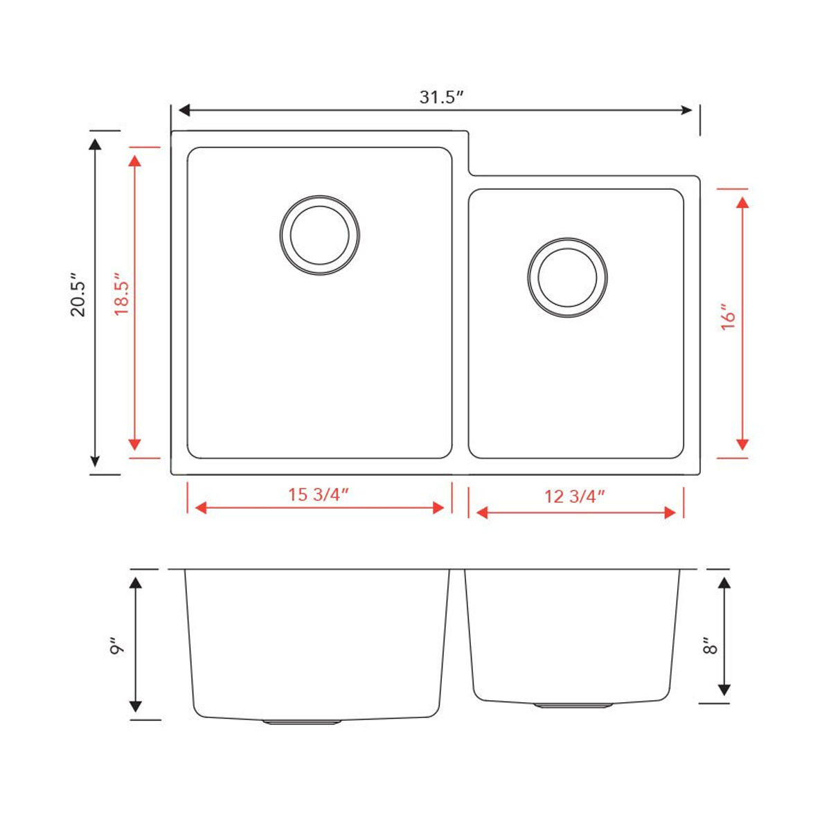 Pelican Int'l Urban Series PL-VR6040 R20 18 Gauge Stainless Steel Undermount Kitchen Sink 31 1/2" x 20 1/2" with Low Radius Corners