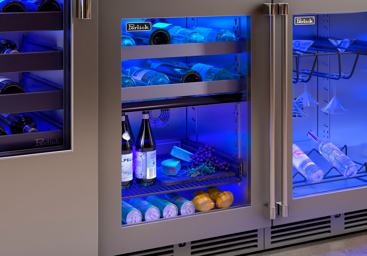 Perlick Signature Series 24" Indoor Dual-Zone Refrigerator/Wine Reserve with Stainless Steel Glass Door Hinge Left with Lock