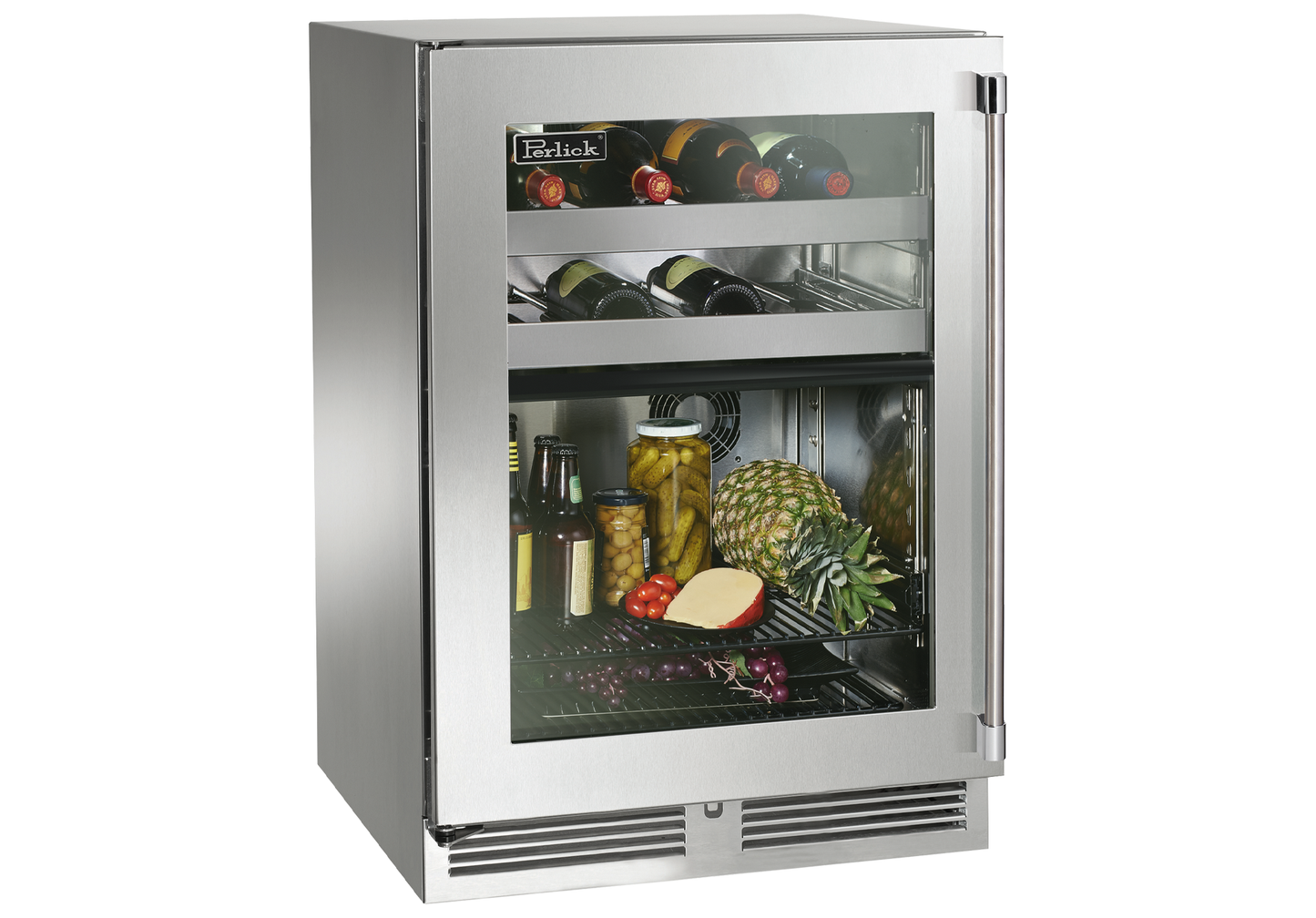 Perlick Signature Series 24" Indoor Dual-Zone Refrigerator/Wine Reserve with Stainless Steel Solid Door Hinge Right with Lock