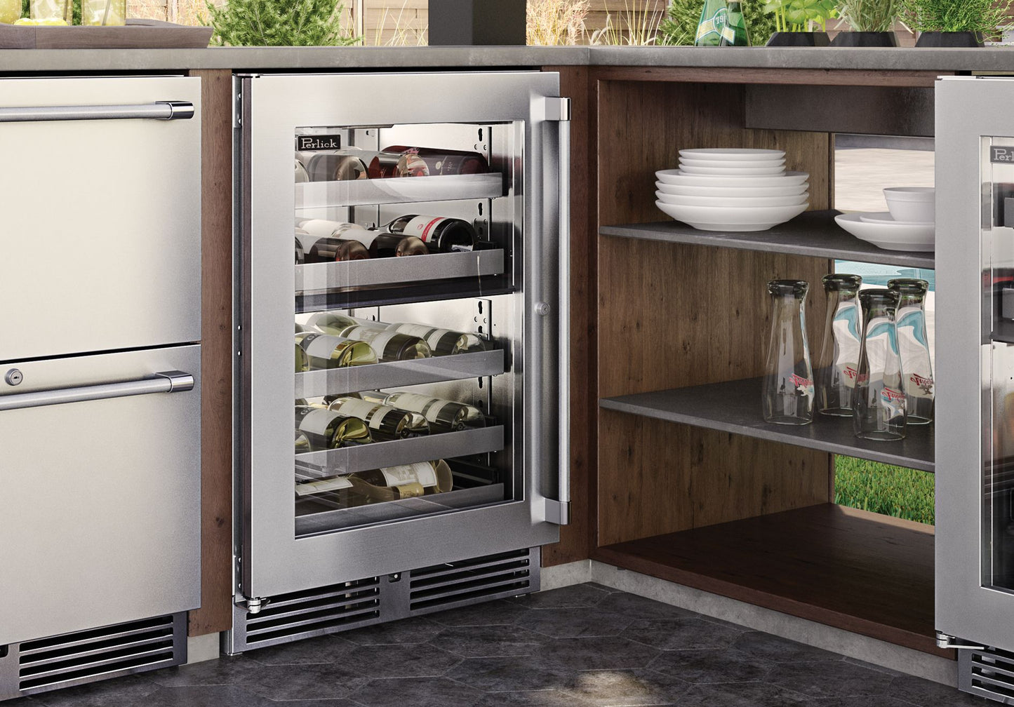 Perlick Signature Series 24" Marine Grade Dual-Zone Wine Reserve with Stainless Steel Glass Door Hinge Right with Lock