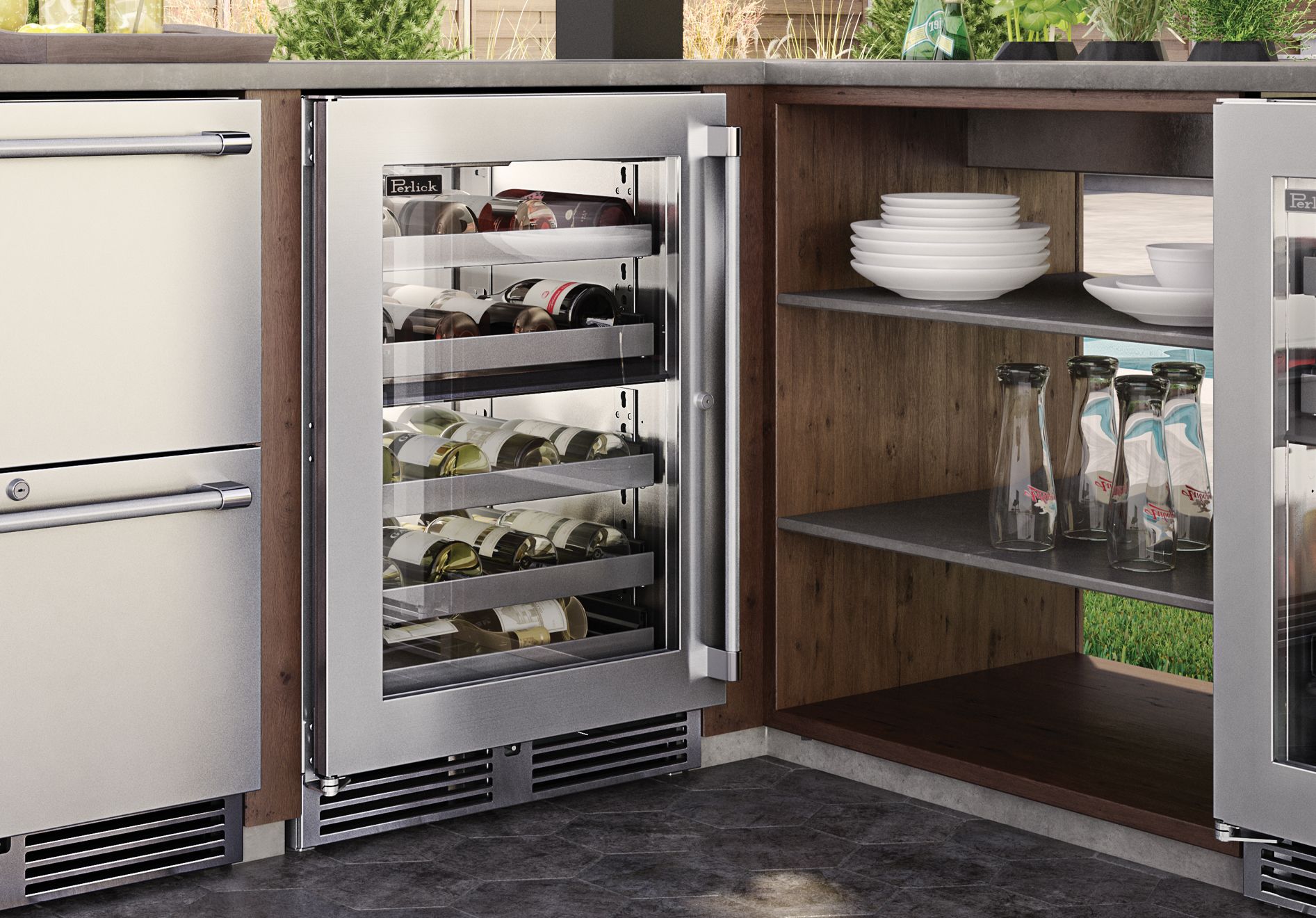 Perlick Signature Series 24" Marine Grade Dual-Zone Wine Reserve with Stainless Steel Glass Door Hinge Right with Lock