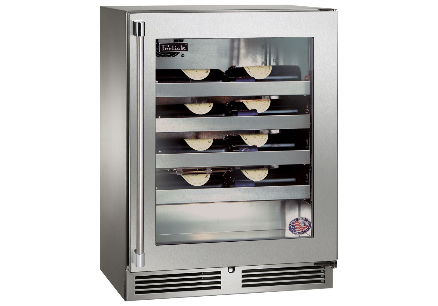 Perlick Signature Series 24" Marine Shallow Sottile Wine Reserve with Stainless Steel Glass Door Hinge Left
